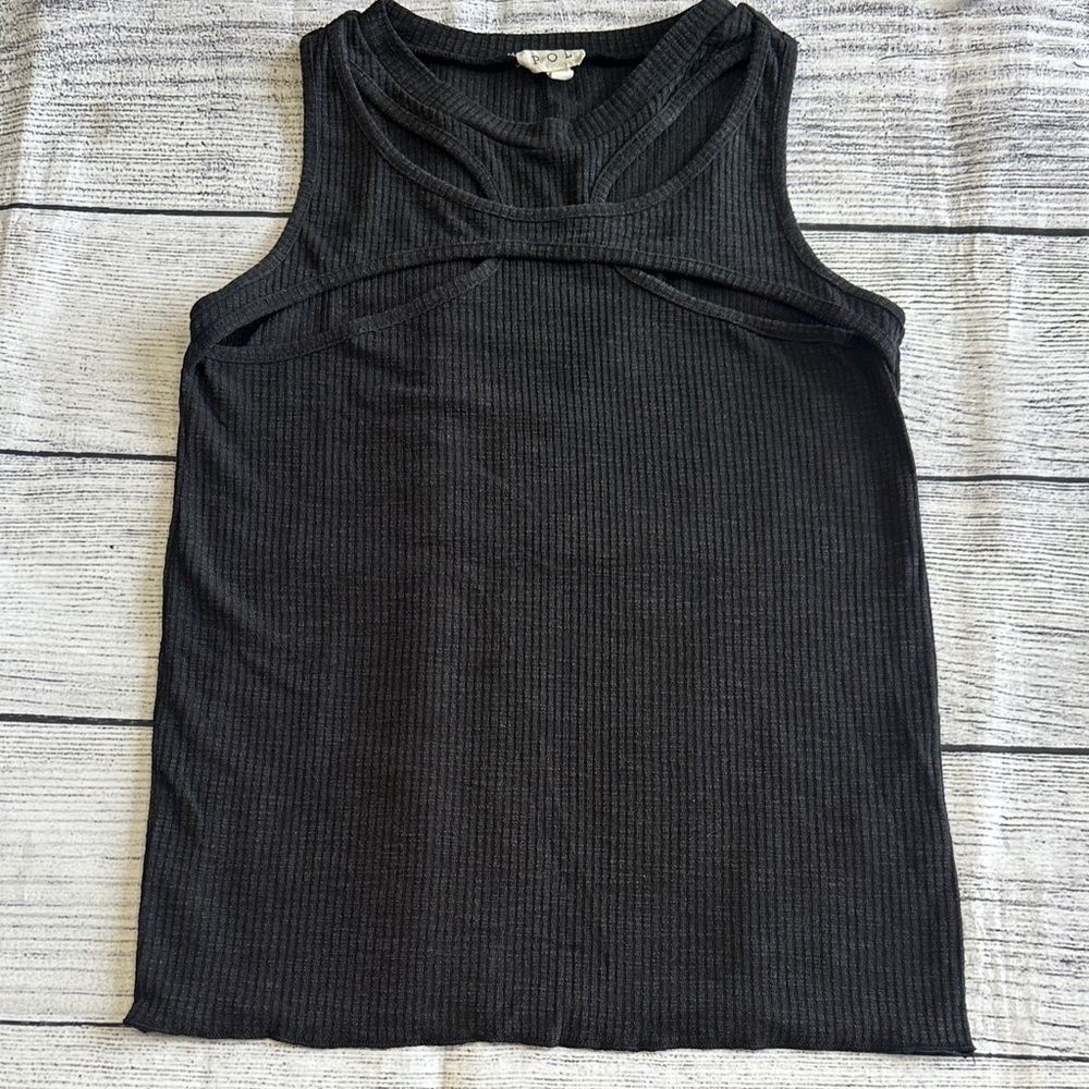 POL Sz Medium Charcoal Ribbed Cutout Tank Top • NEW!